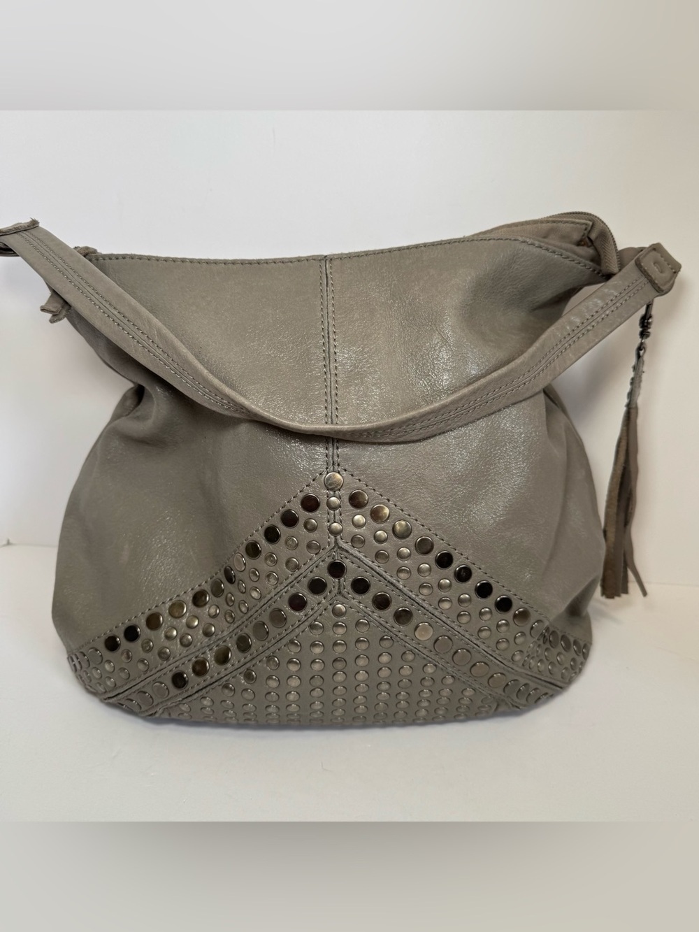 The SAK Indio Grey Glazed Leather Studded Hobo Bag